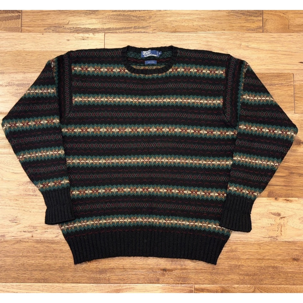 VTG 90s Polo Ralph Lauren Fair Isle Wool Sweater XL Blue Tag Geometric Knit